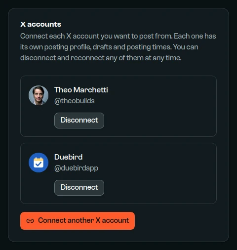 The X accounts card listing Theo Marchetti (@theobuilds), a founder account, and Duebird (@duebirdapp), a product account.