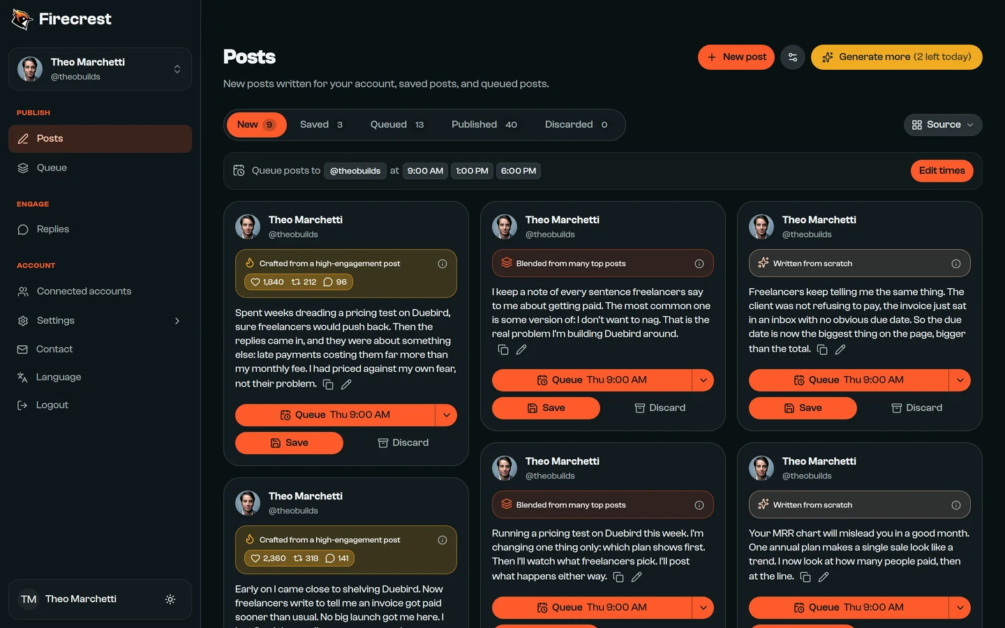 The Posts page with new posts for Theo Marchetti's account. The first was crafted from a high-engagement post and shows that post's engagement.