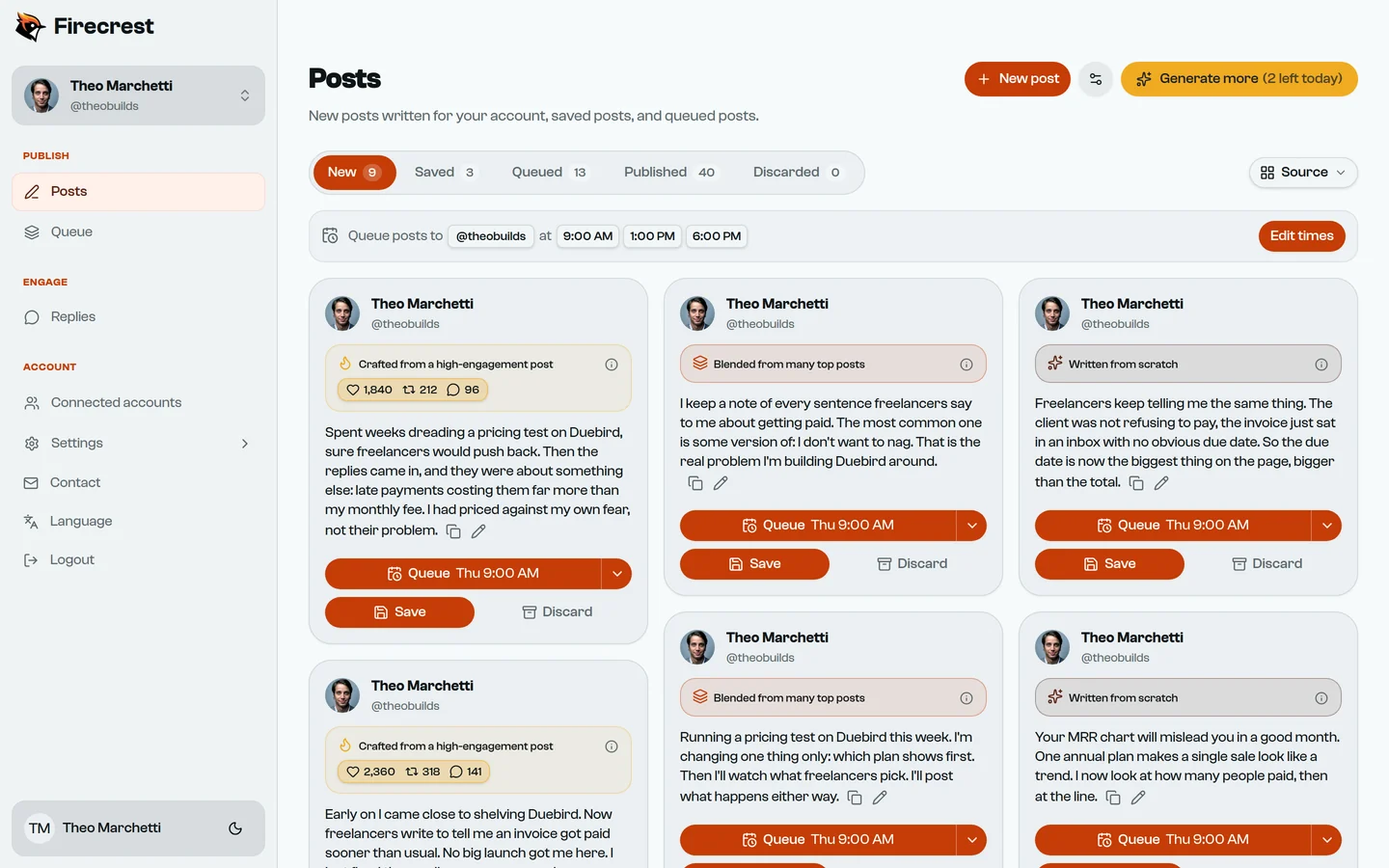 The Posts page with new posts for Theo Marchetti's account. The first was crafted from a high-engagement post and shows that post's engagement.