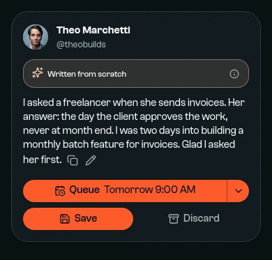 A post written from scratch, about a freelancer who sends invoices the day the client approves the work.