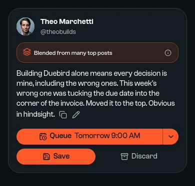 A post blended from many top posts, about moving the due date on Duebird's invoices from the corner to the top.