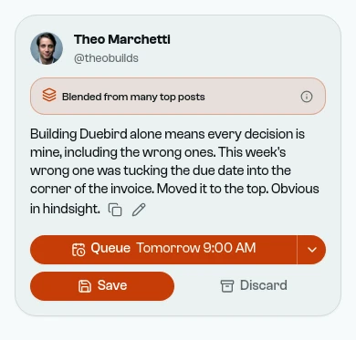 A post blended from many top posts, about moving the due date on Duebird's invoices from the corner to the top.