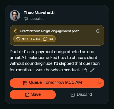 A post crafted from a high-engagement post, with that post's engagement shown, about how Duebird's late payment nudge started.