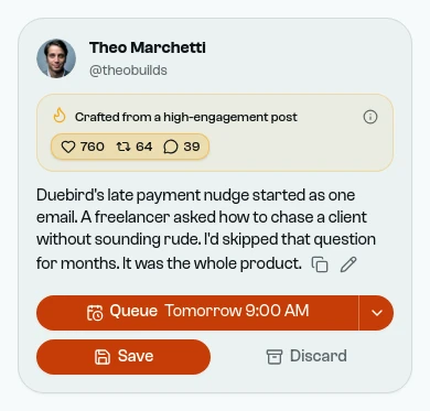 A post crafted from a high-engagement post, with that post's engagement shown, about how Duebird's late payment nudge started.