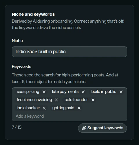 The Niche and keywords card of Post settings: the niche "Indie SaaS built in public" and keywords such as saas pricing and late payments.
