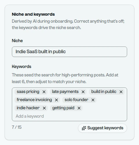 The Niche and keywords card of Post settings: the niche "Indie SaaS built in public" and keywords such as saas pricing and late payments.