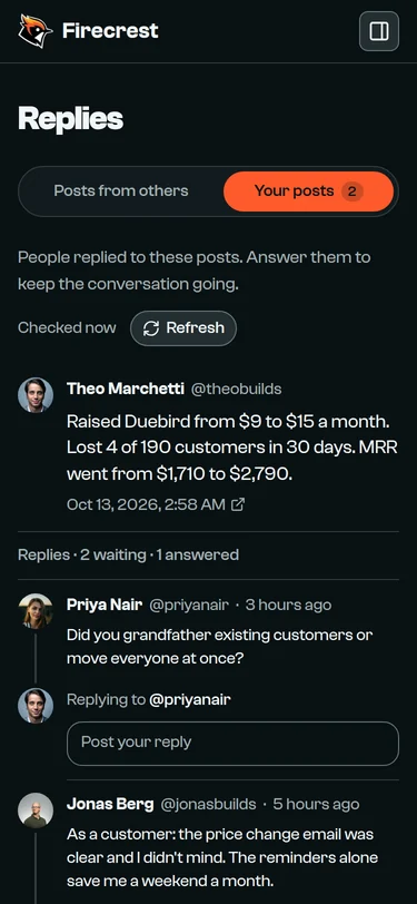 Theo's post about raising his price, with two replies waiting, one answered, and a reply box under the first.