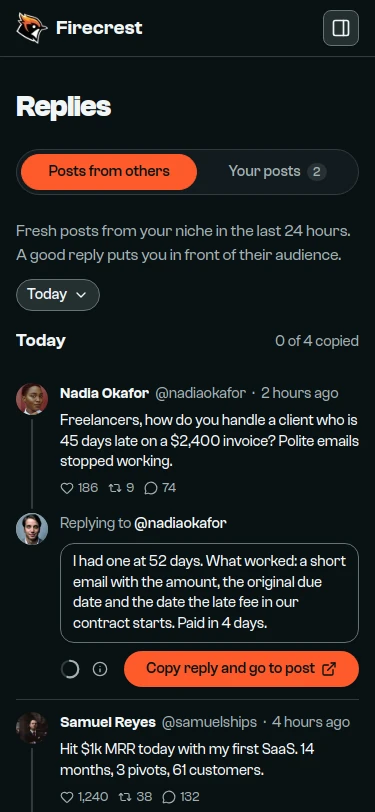 A post from @nadiaokafor about a client 45 days late on a $2,400 invoice, with a reply written underneath and ready to copy.