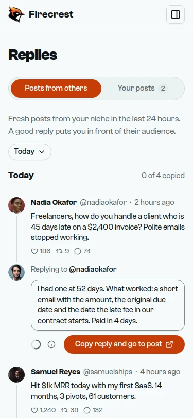 A post from @nadiaokafor about a client 45 days late on a $2,400 invoice, with a reply written underneath and ready to copy.