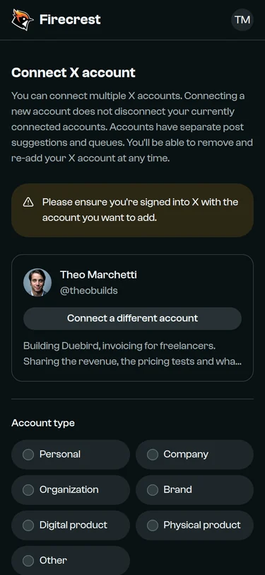 The connected X account @theobuilds, with its avatar, name and bio.