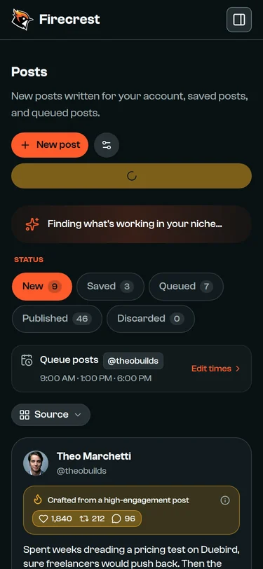 The Posts page mid-run: a spinner on the Generate button and a banner reading "Finding what's working in your niche".