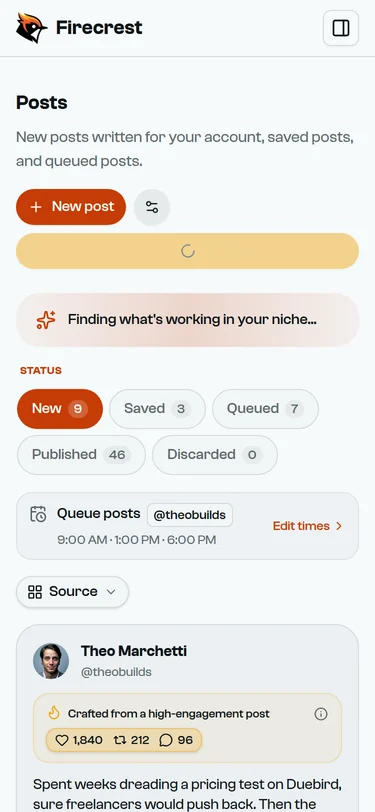 The Posts page mid-run: a spinner on the Generate button and a banner reading "Finding what's working in your niche".