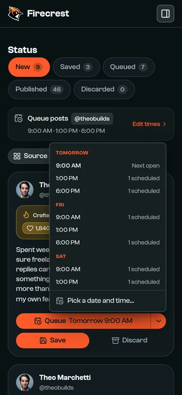 A post's posting-time menu, listing the next slots by day and how many posts each one already holds.