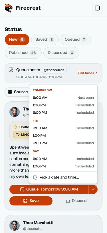 A post's posting-time menu, listing the next slots by day and how many posts each one already holds.